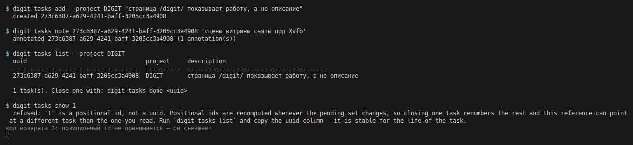 Терминал: digit tasks add печатает created и uuid; digit tasks note добавляет аннотацию; digit tasks list показывает таблицу с колонками uuid, project, description; digit tasks show 1 отказывается — позиционный id не uuid, код возврата 2.