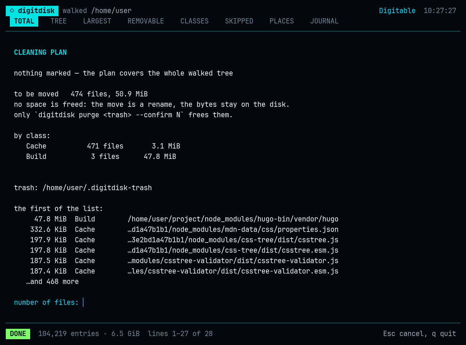 The screen of digitdisk analyze /home/user --live --lang en: 32 lines; as letters, right below.