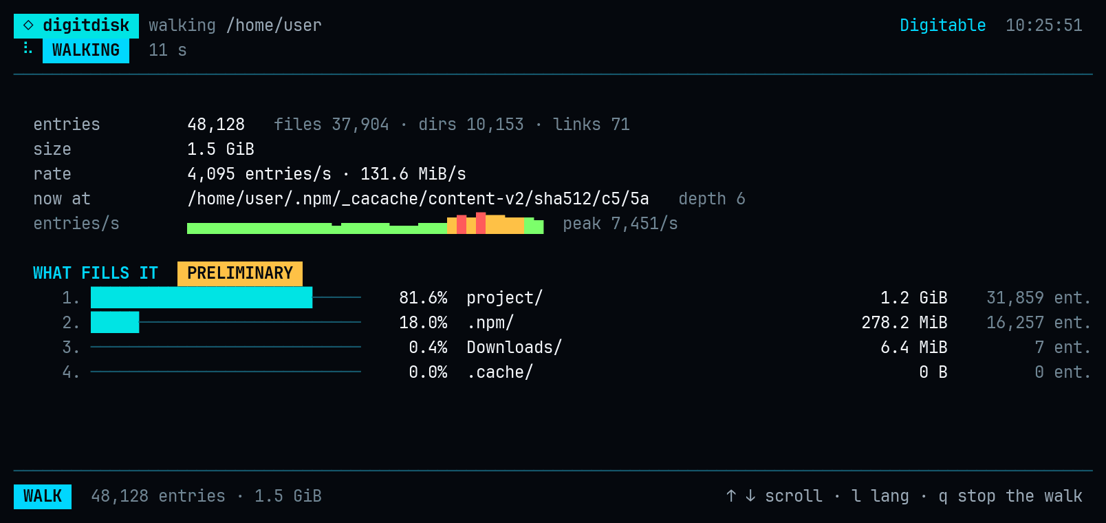 The screen of digitdisk analyze /home/user --live --lang en: 20 lines; as letters, right below.