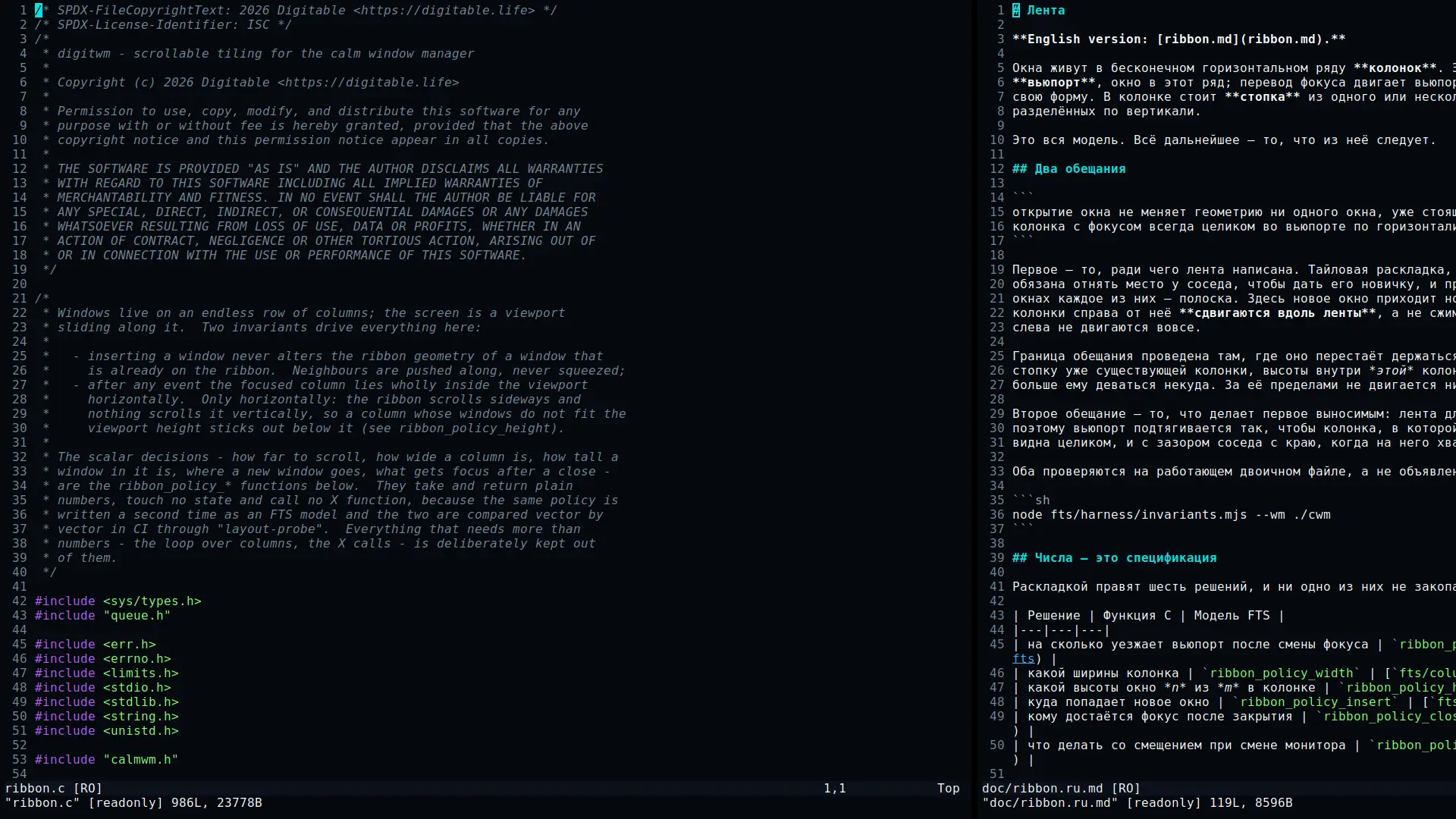 Экран digitwm 1920×1080. Слева колонка шириной 1281 точка с исходником ribbon.c в Vim — она в фокусе и стоит во вьюпорте целиком. Через зазор 8 точек справа начинается колонка с doc/ribbon.ru.md, правым краем экрана она обрезана: видны 631 точка из 1281. Остальные четыре колонки за правым краем.