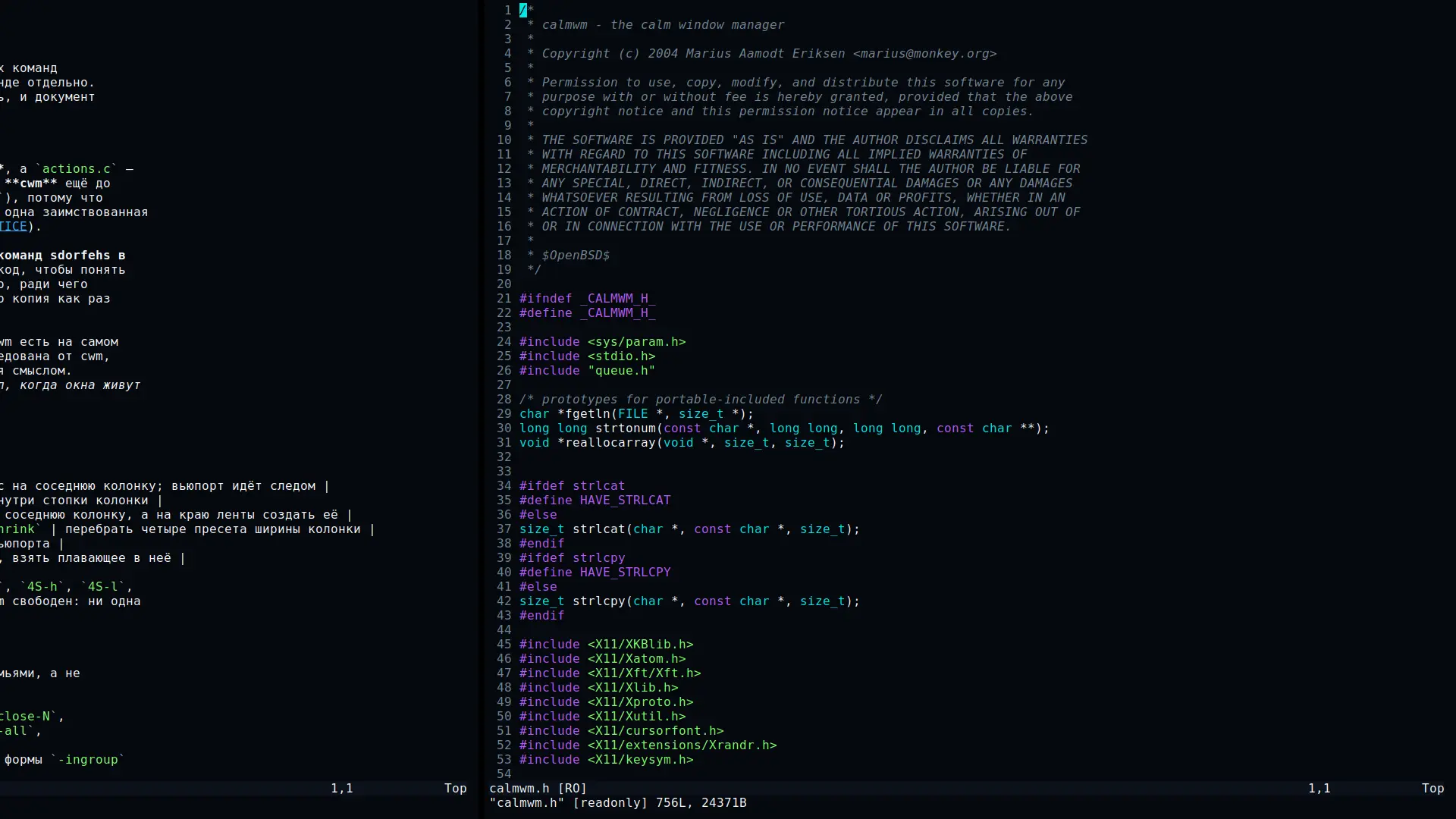 Правый конец ленты. Слева колонка с doc/commands.ru.md обрезана левым краем экрана, видны 631 точка из 1281. Справа целиком колонка с calmwm.h в фокусе, её правый край совпадает с правым краем экрана, справа от неё ничего нет.