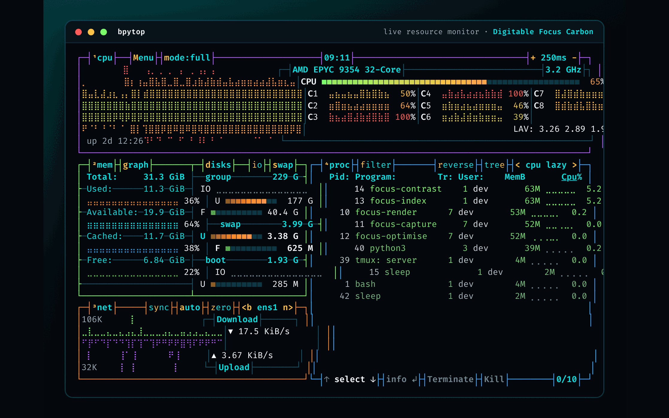bpytop в палитре Carbon