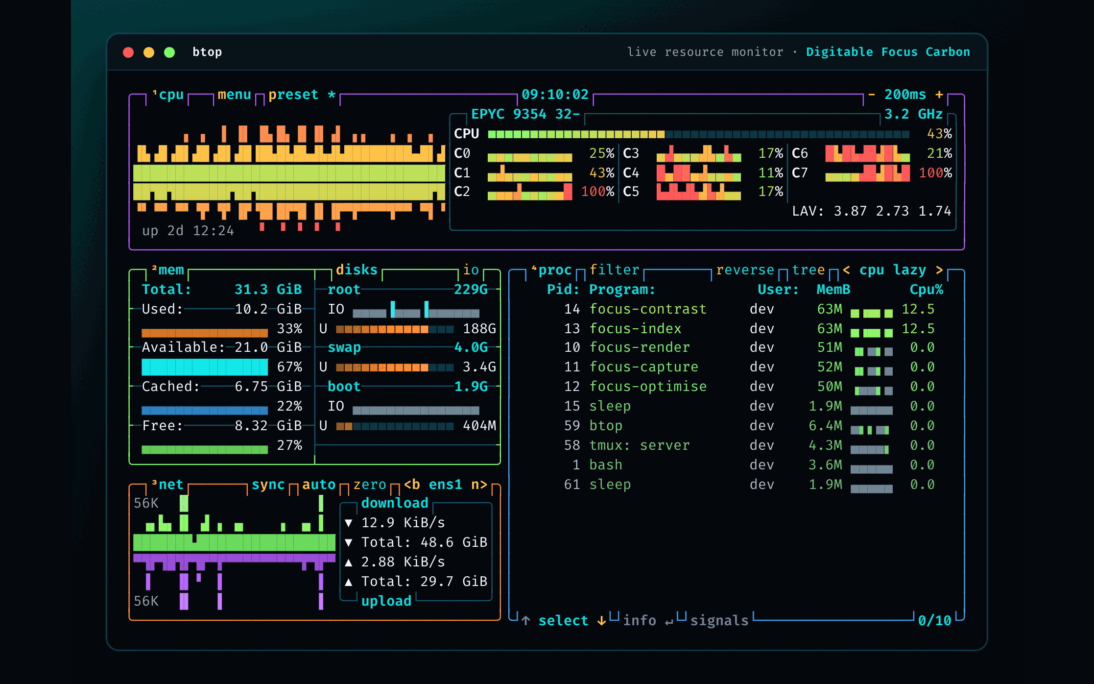btop в палитре Carbon